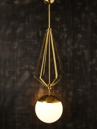 Four Brass Geometrical Suspension with a Large White Glass Globe