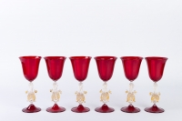 Six Verres Vénitiens ( Murano) Rouges Rubis à 2 Cygnes 1910