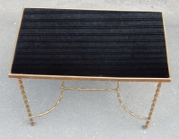1970′ Table Basse à Roulettes Maison Baguès Décor Bambou en Laiton et Opaline