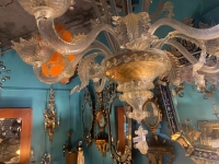 1950′ Lustre Cristal Murano Avec Inclusions Feuilles d’Or 6 Branches