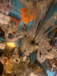 1950′ Lustre Cristal Murano Avec Inclusions Feuilles d’Or 6 Branches
