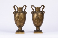 A Pair of French 19th Century Renaissance St. Patinated Bronze Urns By Ferdinand Barbedienne (1810-1892).