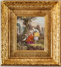 Paire de tableaux en bois et stuk doré, encadrant des plaques en porcelaine, signé BIGOT, XIXème siècle