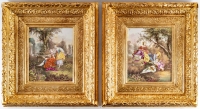 Paire de tableaux en bois et stuk doré, encadrant des plaques en porcelaine, signé BIGOT, XIXème siècle