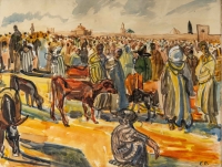 Scène de marché, aquarelle, signée  Edouard Doigneau