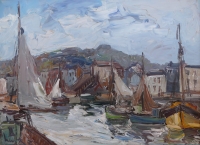 HERBO Fernand Peinture Française XXème siècle Vue de Normandie Honfleur et son port Huile sur toile signée