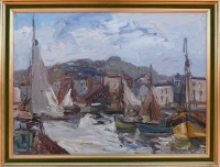 HERBO Fernand Peinture Française XXème siècle Vue de Normandie Honfleur et son port Huile sur toile signée