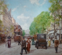 Leon ZEYTLINE Ecole Russe 20è siècle Vue de Paris Tramway, calèches et automobiles sur le Boulevard de Strasbourg Huile sur toile signée