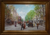 Leon ZEYTLINE Ecole Russe 20è siècle Vue de Paris Tramway, calèches et automobiles sur le Boulevard de Strasbourg Huile sur toile signée