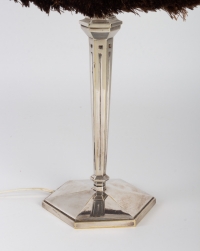 Lampe 1930 pied argenté abat-jour refait dans le style Rhulmanien