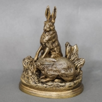Sculpture - Couple De Lièvres , Alfred Dubucand (1828-1894) - Bronze