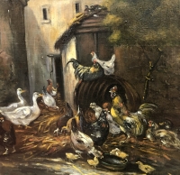GUILLEMINET Claude Peinture 19ème siècle Ecole de Barbizon Le réveil de la basse cour Huile sur toile signée