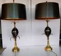 1950/70 Paire de Lampes en Bronze et Œuf en Marbre Portor Signée Charles
