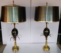 1950/70 Paire de Lampes en Bronze et Œuf en Marbre Portor Signée Charles