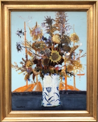 MICHEL HENRY Peinture 20è Bouquet de chardons d&#039;Espagne 1959 Huile sur toile signée