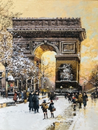 GALIEN LALOUE Tableau 20è Paris Animation sur les Champs Elysées et la place de l’Etoile Gouache Signée