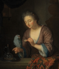 Dame au perroquet – Attr. à Godfried Schalcken (1643 – 1706) – Ancienne collection Duchesse de Kent.