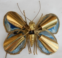 1970′ Applique Papillon Duval Brasseur Ou Isabelle Faure Avec Ailes En Agates Bleues 39 X H 39 CM