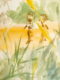 Aquarelle sur Papier de Luez, Paysage Africain, encadré sous verre, XXème siècle.