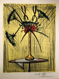 BUFFET Bernard Nature morte au vase de fleurs sur un guéridon Lithographie couleurs justifiée