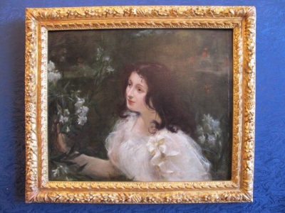 Tableau Jeune femme au bouquet de fleurs - XIXème siècle||