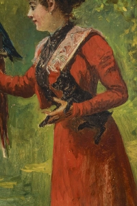 Une femme et des perroquets, Huile sur panneau de Gustav Wertheimer