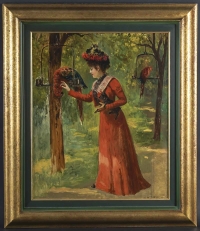 Une femme et des perroquets, Huile sur panneau de Gustav Wertheimer
