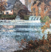 CHIGOT Eugène Tableau Français Le moulin à eau sur la rivière Huile toile signée Certificat