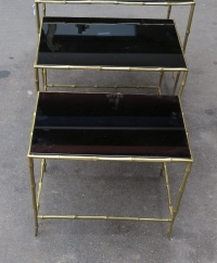 1950/70 Série de 3 Tables Gigognes Modèle Bambou avec Opaline Noire Maison Baguès