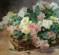 Jeannin Georges Peinture Française 19è Siècle Panier De Roses Huile Sur Toile Signée