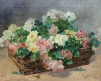 Jeannin Georges Peinture Française 19è Siècle Panier De Roses Huile Sur Toile Signée