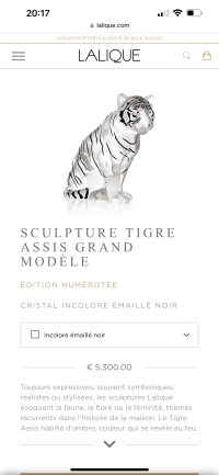 Sculpture &quot;Tigre&quot; cristal blanc émaillé noir de LALIQUE FRANCE - neuf en coffret avec certificat