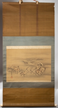 Kano Akinobu - Painting of Wild Horses by the River, Kakemono - Full Picture n.1