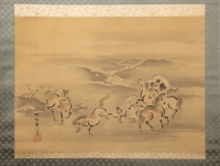 Kano Akinobu - Painting of Wild Horses by the River, Kakemono