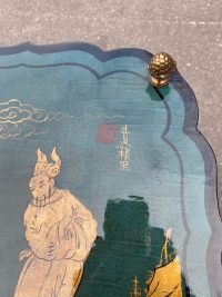 1950/70′ Guéridon Maison Baguès Décor Bambou en Bronze Doré Avec Plateaux Laque de Chine Vert/Bleu Et Or