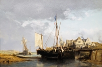 NOEL Jules Tableau Français 19è l’avant port Huile Sur carton fort Signée