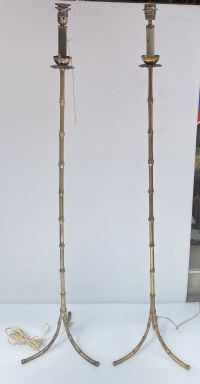 1970′ Paire De Lampadaires En Bronze Doré Maison Baguès Modèle Bambou