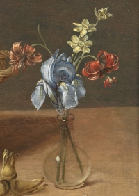 Panier de quetsches et vase de fleurs – Entourage d’Isaak Soreau (1604 – 1644)