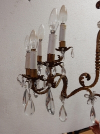 1950/70′ Lustre En Métal Doré 10 Ampoules Décor De Fleurs Style Maison Baguès