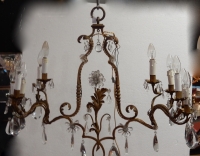 1950/70′ Lustre En Métal Doré 10 Ampoules Décor De Fleurs Style Maison Baguès