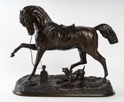 Étalon et chien, Sculpture en bronze signée Pierre Lenordez, XIXème siècle|Étalon et chie, Sculpture en bronze signée Pierre Lenordez, XIXème siècle|||||||||