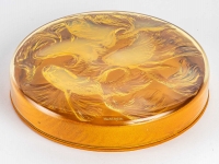 Boîte « Cyprins » verre jaune opalescent - vase satin orange de René LALIQUE