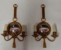 1950/70′ Paire d’Appliques en Bronze Doré Avec Miroir Convexe Signée Petitot