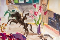 Peinture sur Papier, Intérieur d&#039;une Maison Bourgeoise avec beau bouquet de fleurs, Luez, 1990