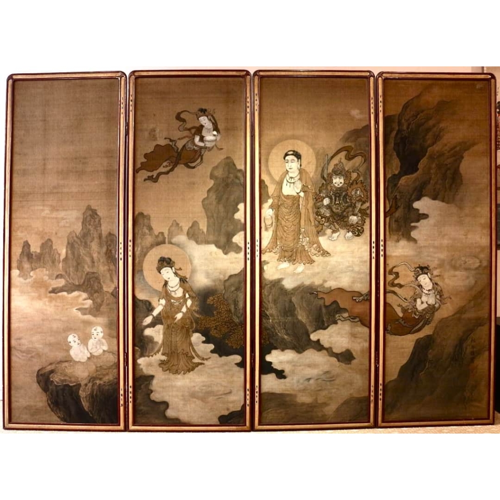 Paravent japonais à 4 panneaux sur soie | Biron ||