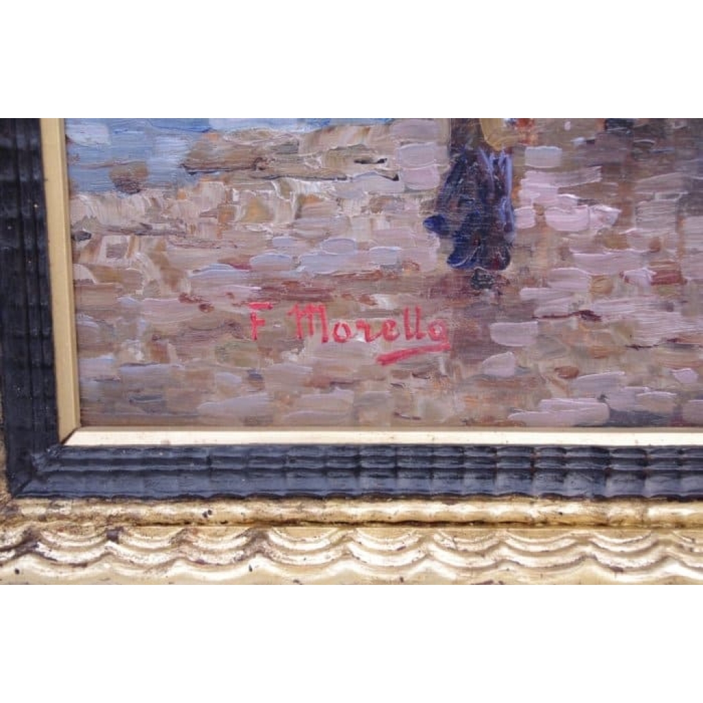 Huile sur panneau, titre au dos "Pescatori" et signé F.Morella, circa 1920