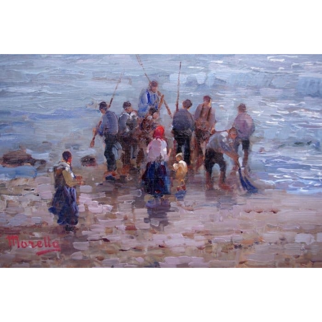 Huile sur panneau, titre au dos "Pescatori" et signé F.Morella, circa 1920