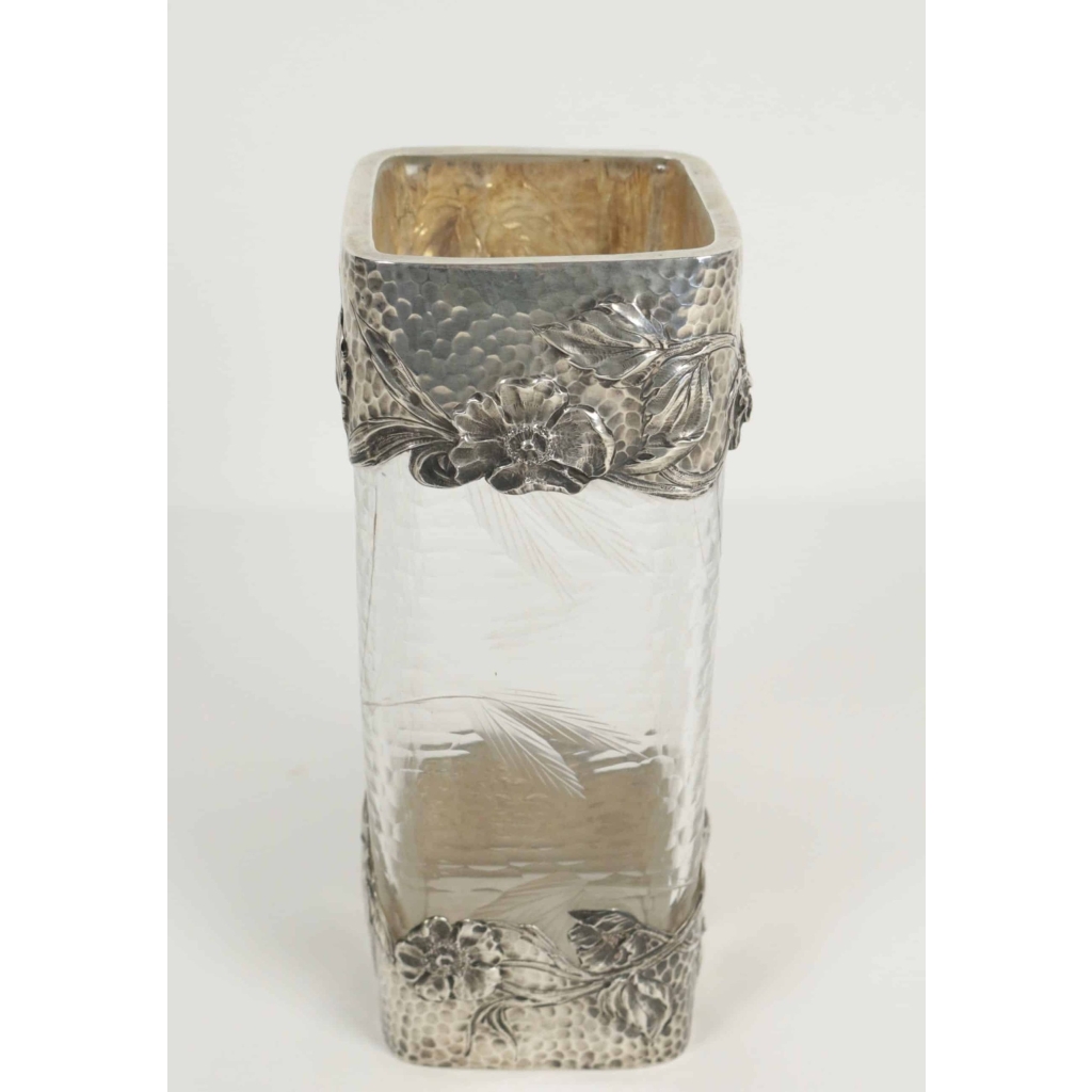 Vase en argent massif et cristal martelé Art nouveau | Biron Vase en argent massif et cristal martelé Art nouveau