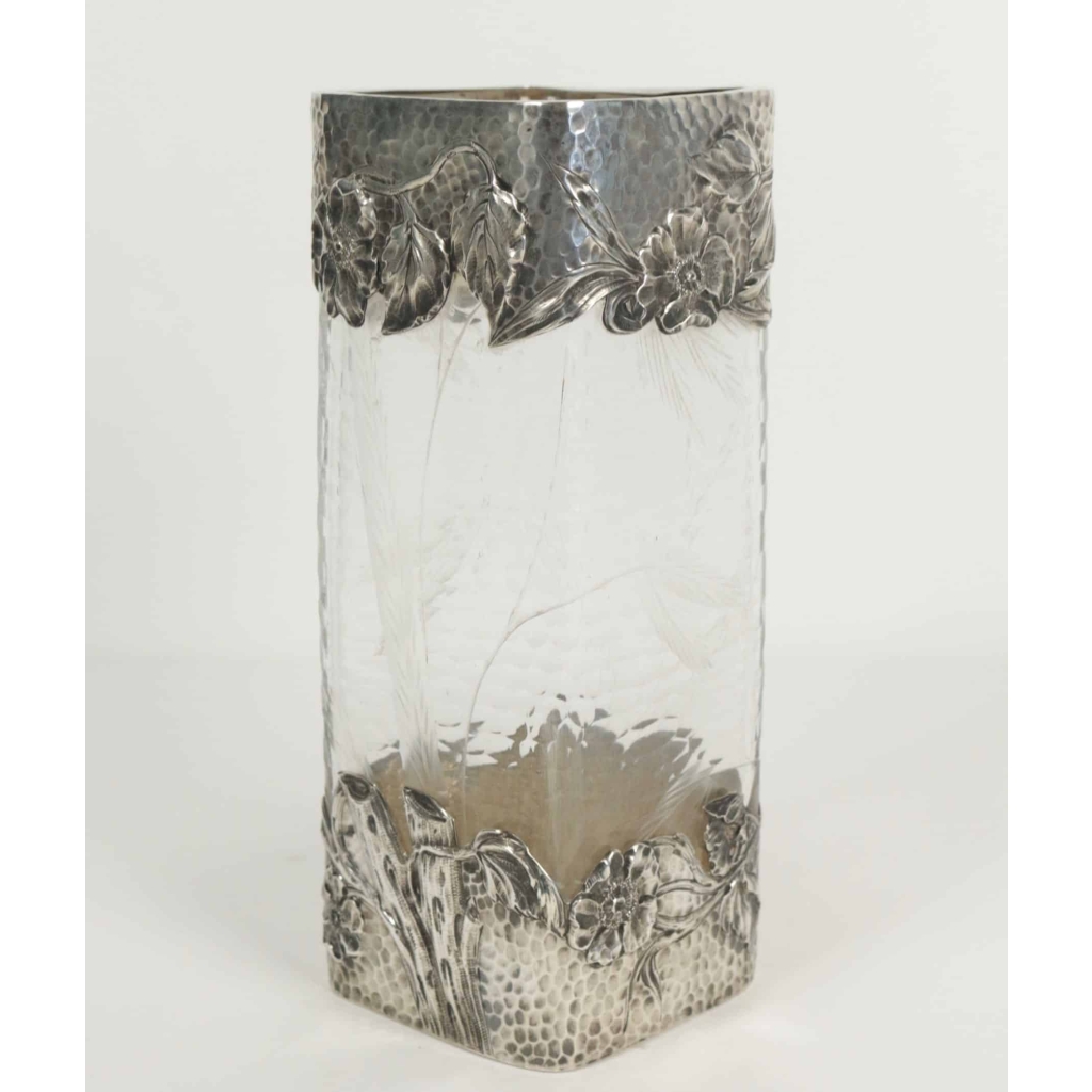 Vase en argent massif et cristal martelé Art nouveau | Biron Vase en argent massif et cristal martelé Art nouveau