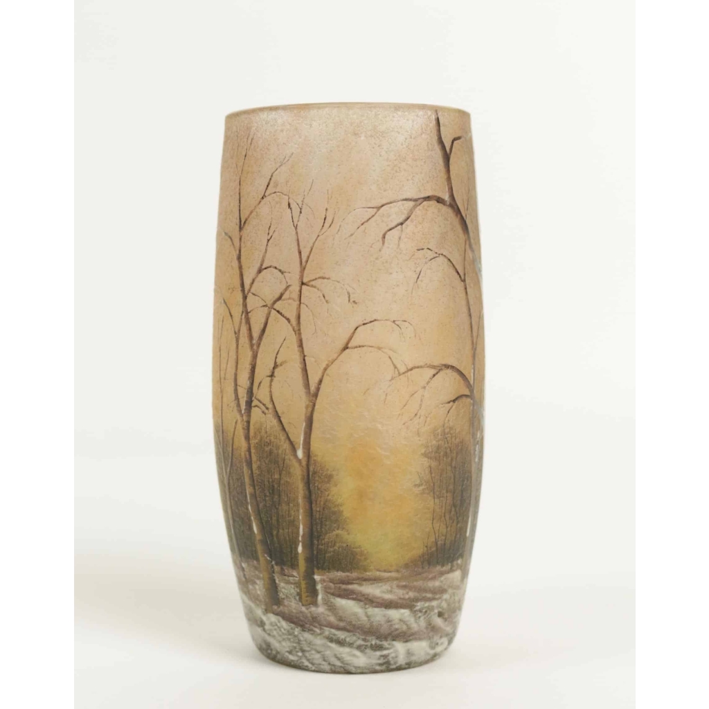 Daum Nancy vase émaillé paysage de neige | Biron Daum Nancy vase émaillé paysage de neige